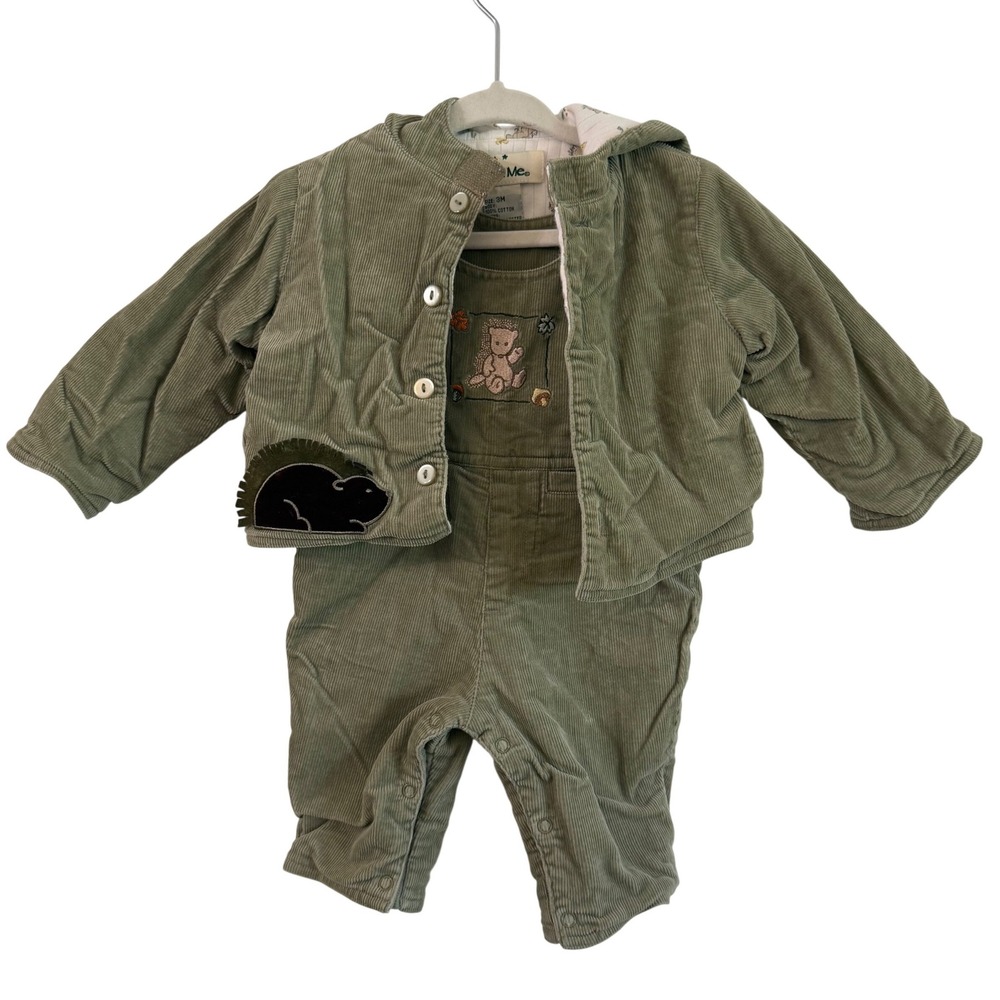 Harry and Me Green Corduroy Fall Leaf Animal Overall Jacket Set Boys 3 months
